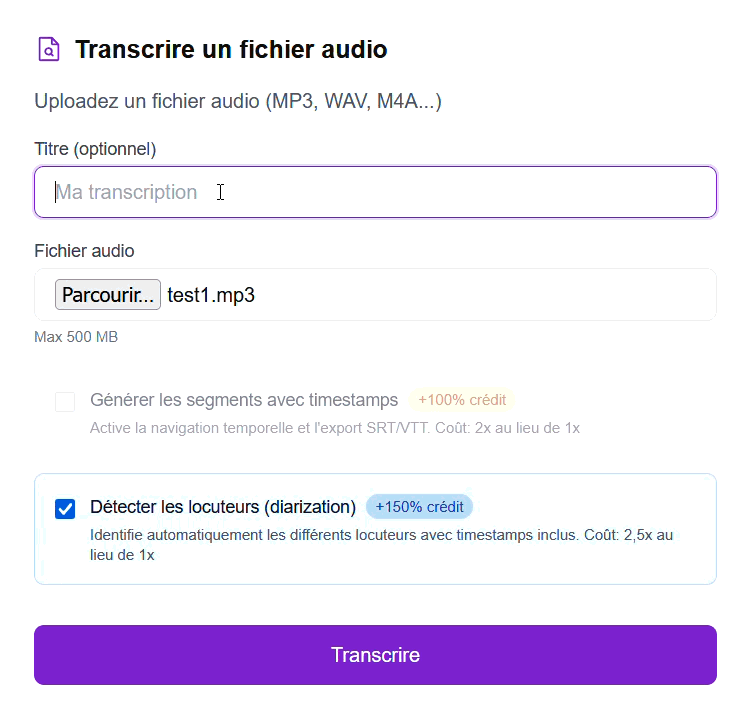 Interface d'upload Transcryx